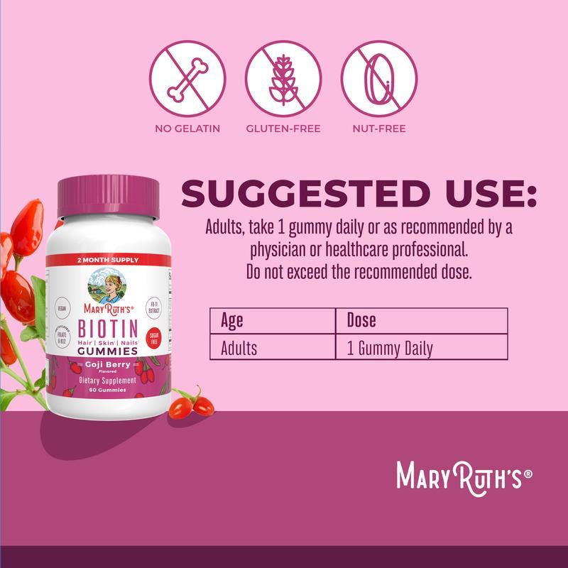 Maryruth'S Biotin Gummies - Sugar Free - 2 Month Supply - Nutrients for Hair Skin & Nails - Biotin 2500Mcg - Zinc - B Vitamins - Vegan - 60 Count