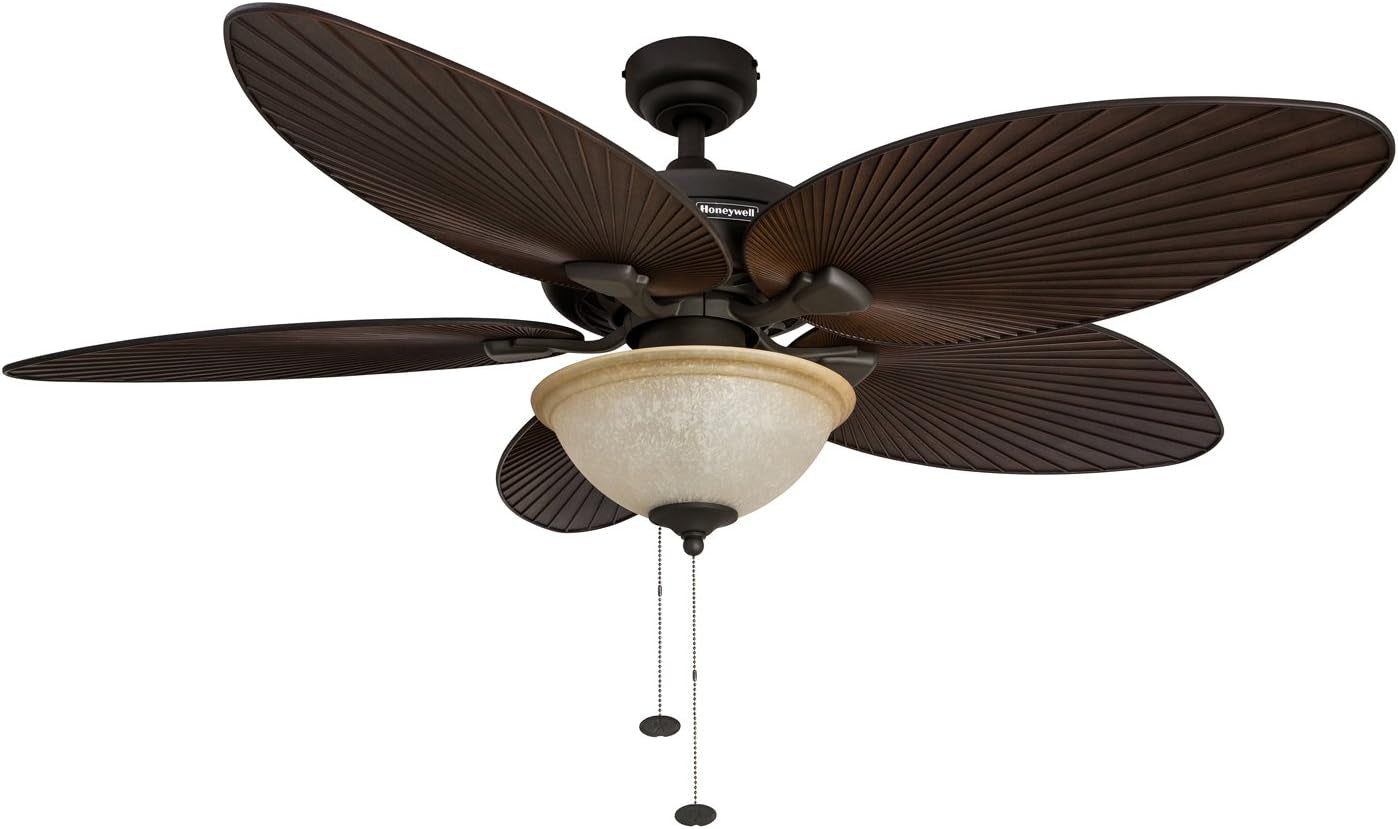 Ceiling Fans Palm Island 52 Inch Ceiling Fan with Light, Indoor/Outdoor Ceiling Fan with Pull Chain, Tropical LED Dual-Mount 5 Palm Leaf Blade Design, ETL Damp Rated, Bronze (50202-01)