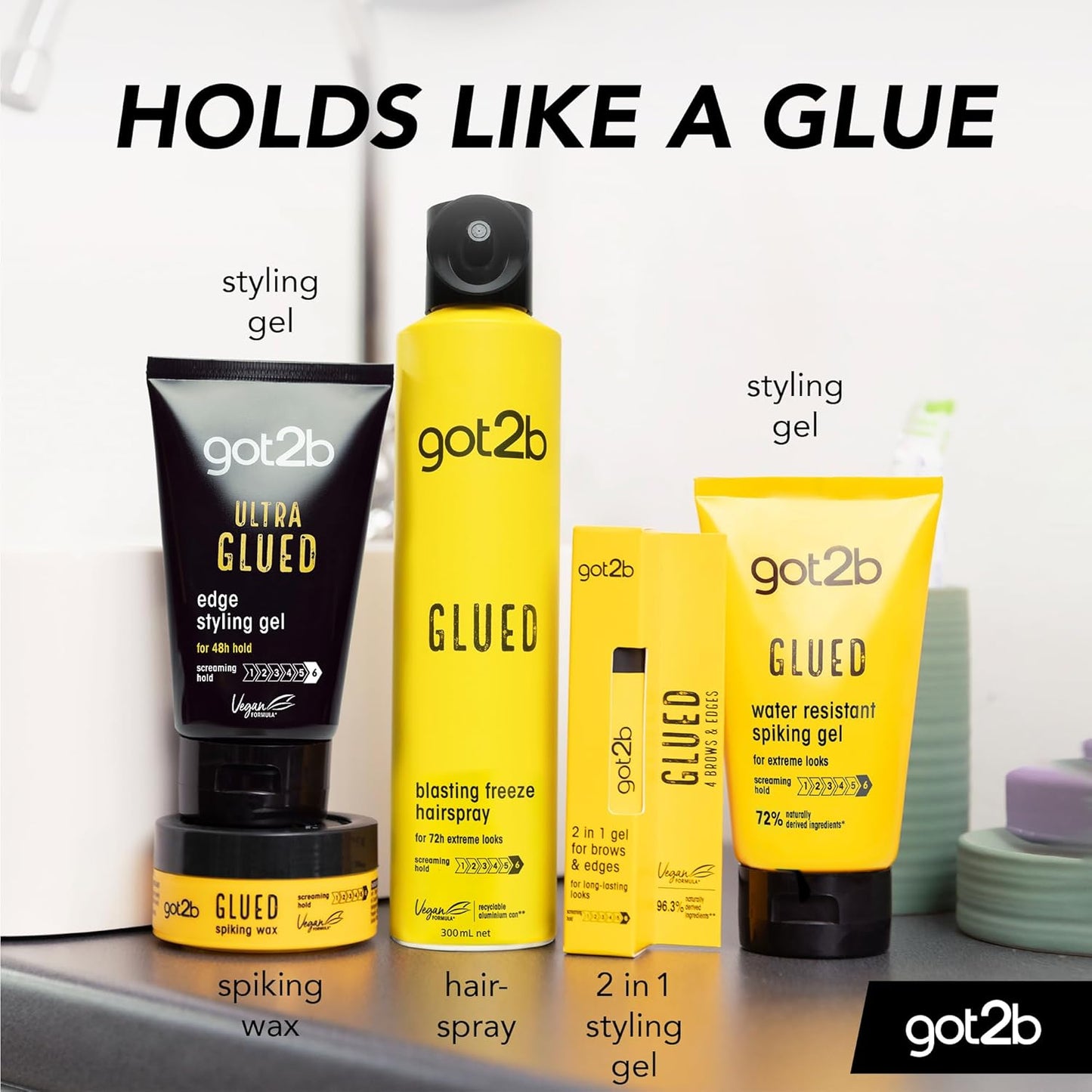 Glued Hairspray, Blasting Freeze Spray, Strong Hold Hairspray for up to 72 Hours, Vegan, Silicone Free, 300 Ml