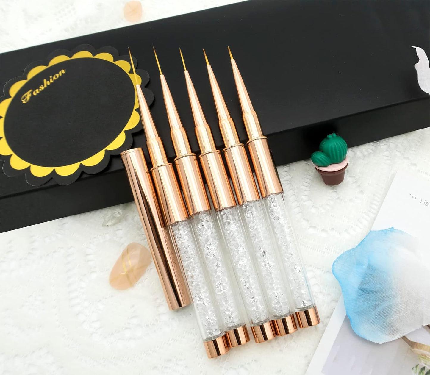 5PCS Nail Art Liner Brushes Long Set with Lid and Diamand Handle 7/9/11/15/20Mm, Fine Detail Painting Cap Pens Kit Thin Acrylic Line Brush Tools for DIY Professional Design Rose Gold