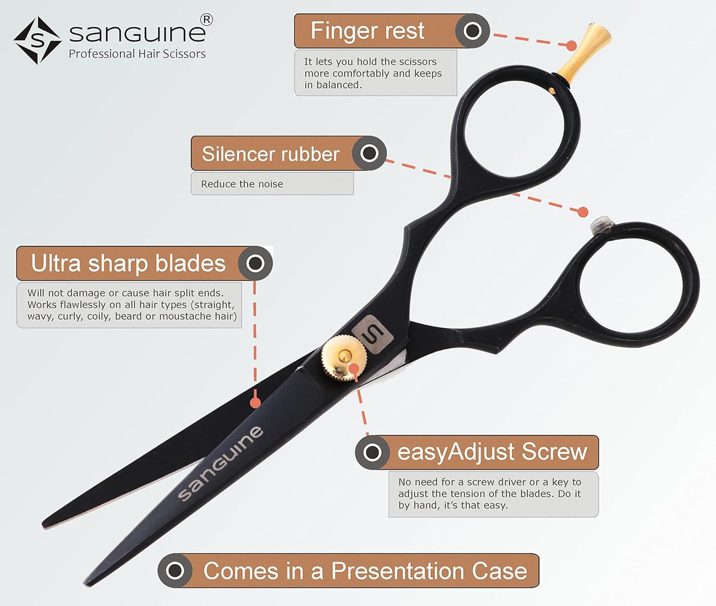 Professional Hair Scissors, Japanese Convex Hair Cutting Scissors, Hairdressing Scissors Suitable for All Hair Types. 5.5" (14 Cm) - Ultra-Sharp Blades No More Split Ends - Includes Case, Hair Comb