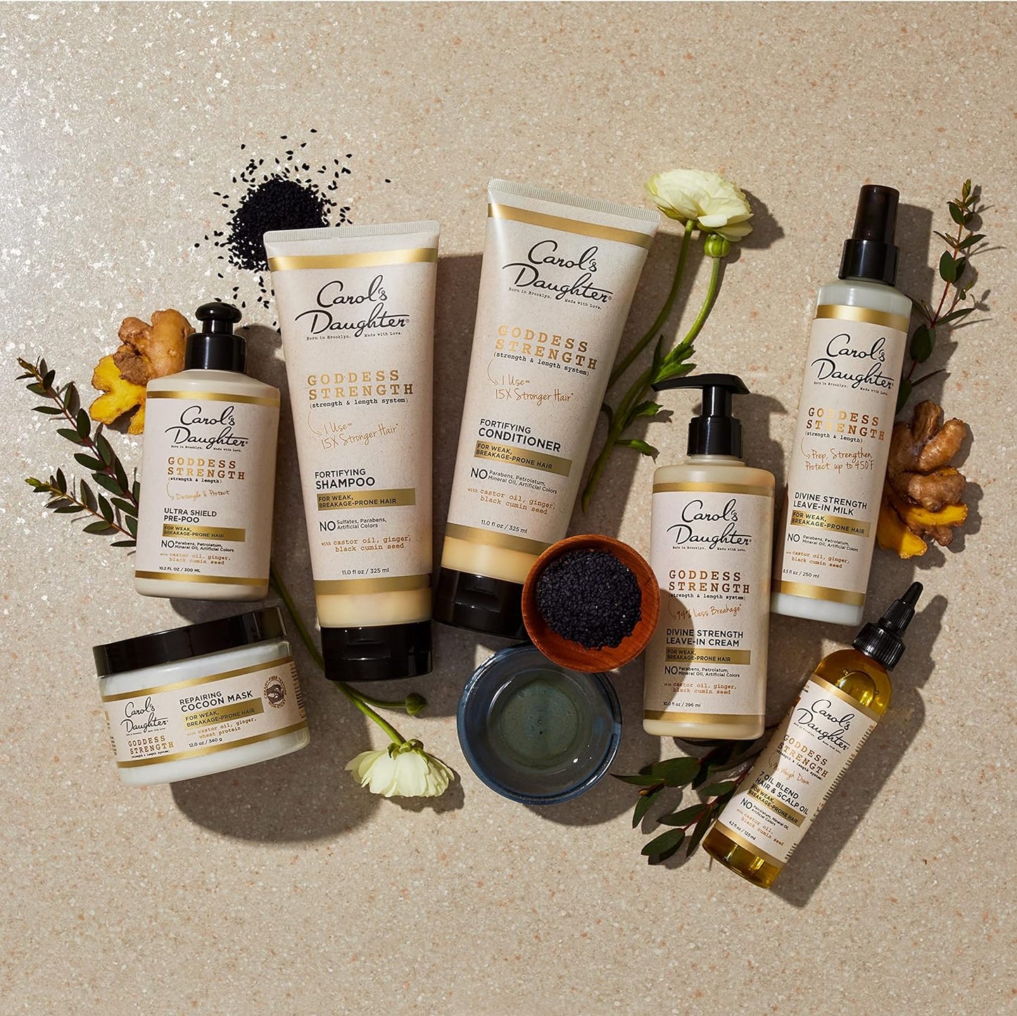 Goddess Strength Sulfate Free Shampoo, Hair Conditioner, Leave in Conditioner & Hair Treatment Oil Made with Castor Oil (4 Products)