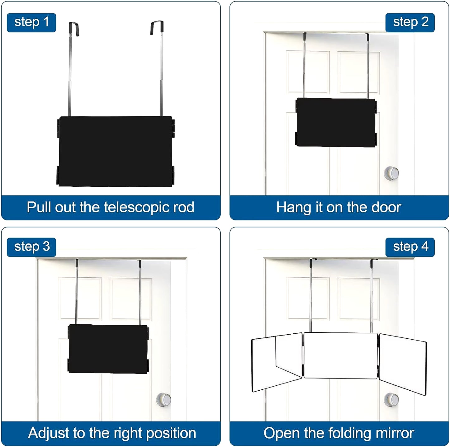 Black Portable 360 Trifold Mirror with Height Adjustable Telescoping Hooks Ideal for Self Hair Cutting Makeup Essential Fordable