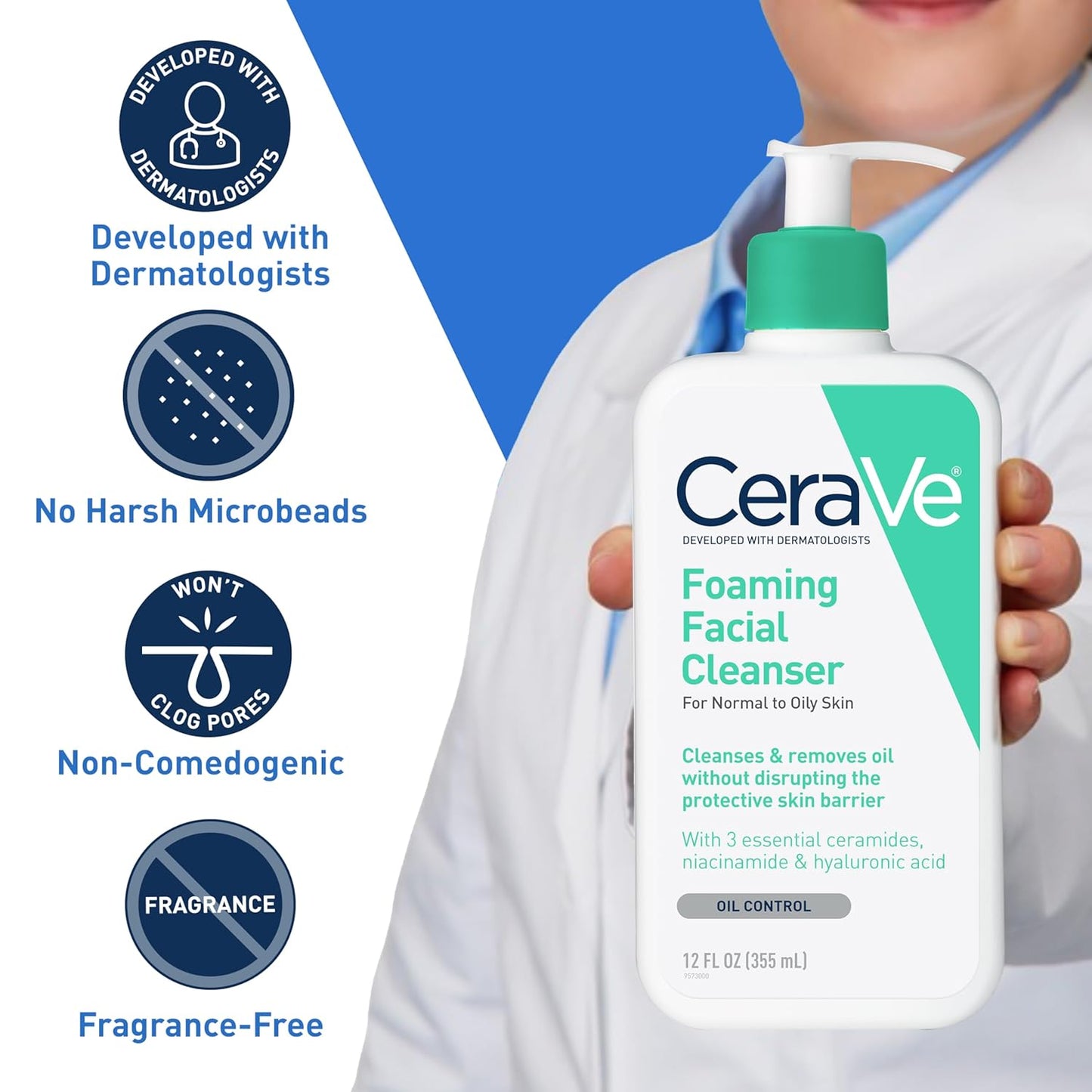 Foaming Facial Cleanser, Daily Face Wash for Oily Skin with Hyaluronic Acid, Ceramides, and Niacinamide, Fragrance Free, 16 Fluid Ounce