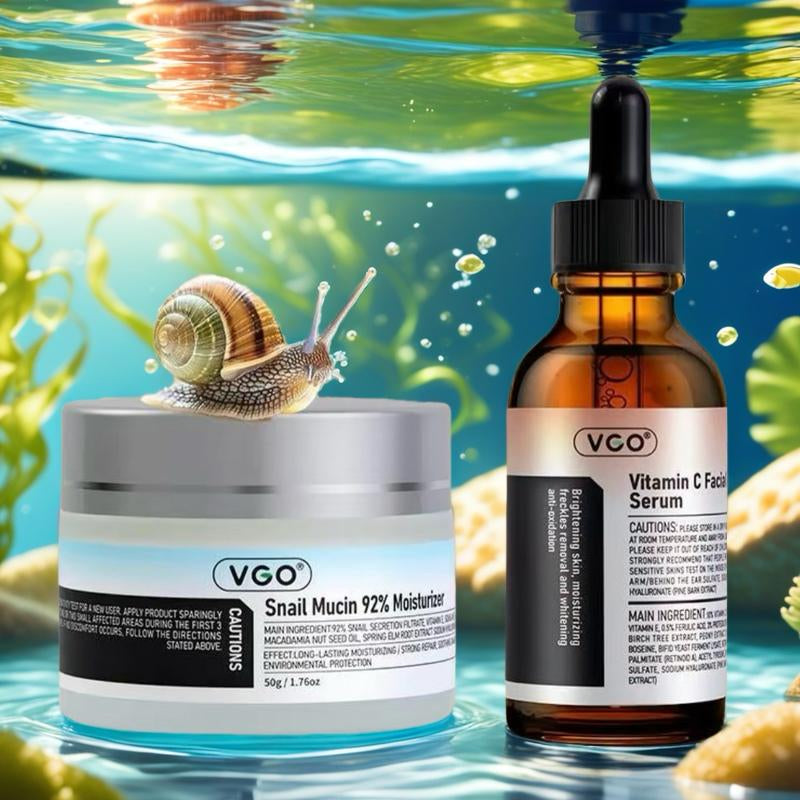 VGO Skincare Set: Vitamin C Serum & Snail Mucin 92% Gel Cream Hydration,Radiance & Revitalizing Daily Care
