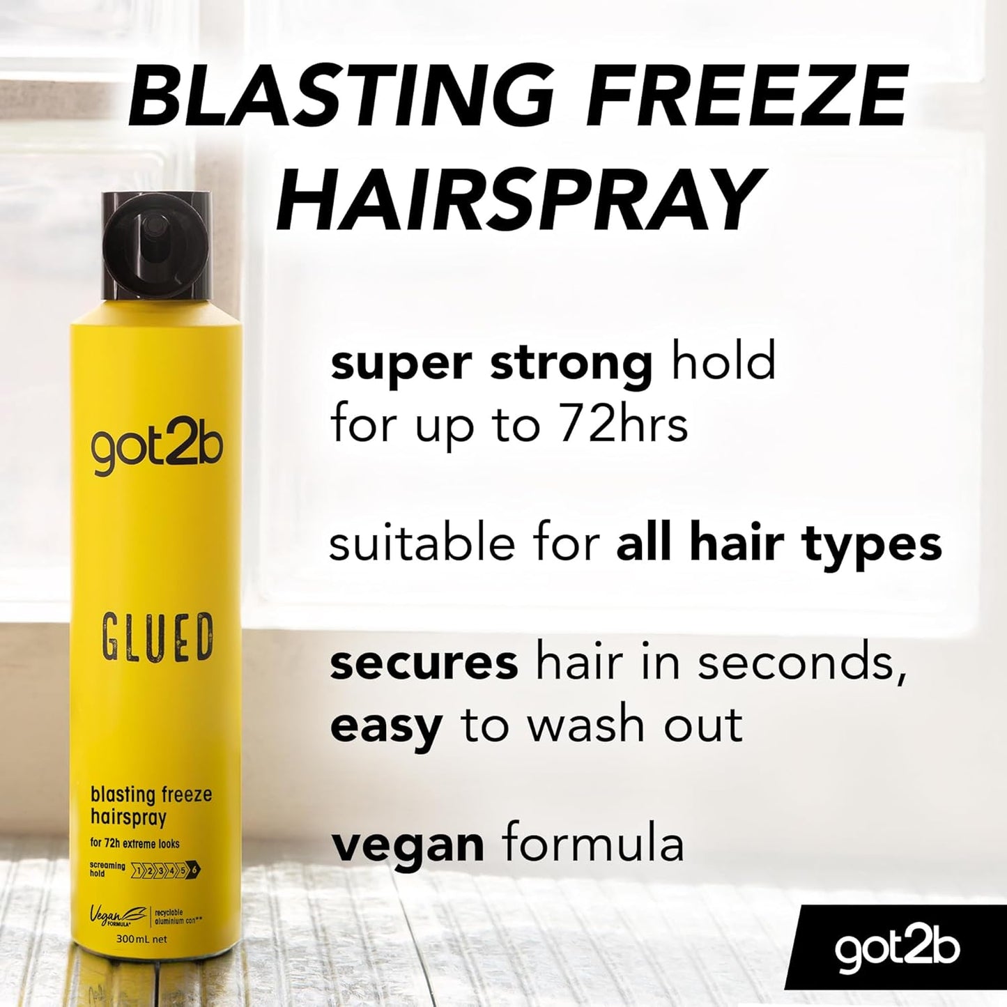 Glued Hairspray, Blasting Freeze Spray, Strong Hold Hairspray for up to 72 Hours, Vegan, Silicone Free, 300 Ml