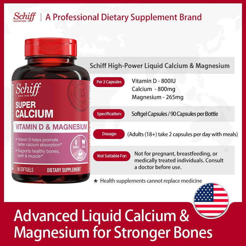 Schiff Super Calcium 800Mg plus Magnesium with Vitamin D3, 90 Softgels - Calcium Supplement (Pack of 2) Healthcare Dietary Fitness Edible
