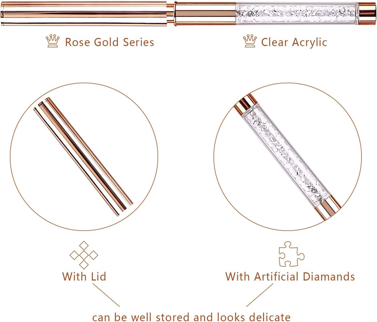 5PCS Nail Art Liner Brushes Long Set with Lid and Diamand Handle 7/9/11/15/20Mm, Fine Detail Painting Cap Pens Kit Thin Acrylic Line Brush Tools for DIY Professional Design Rose Gold