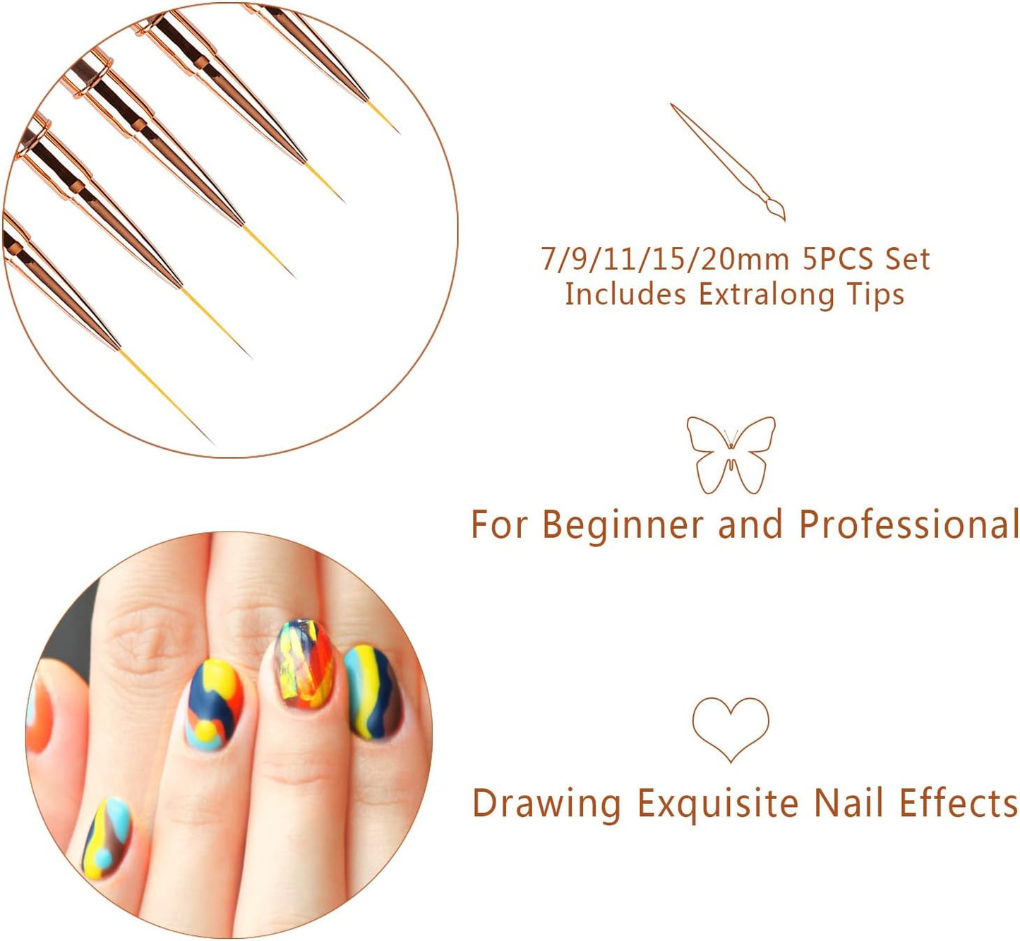 5PCS Nail Art Liner Brushes Long Set with Lid and Diamand Handle 7/9/11/15/20Mm, Fine Detail Painting Cap Pens Kit Thin Acrylic Line Brush Tools for DIY Professional Design Rose Gold