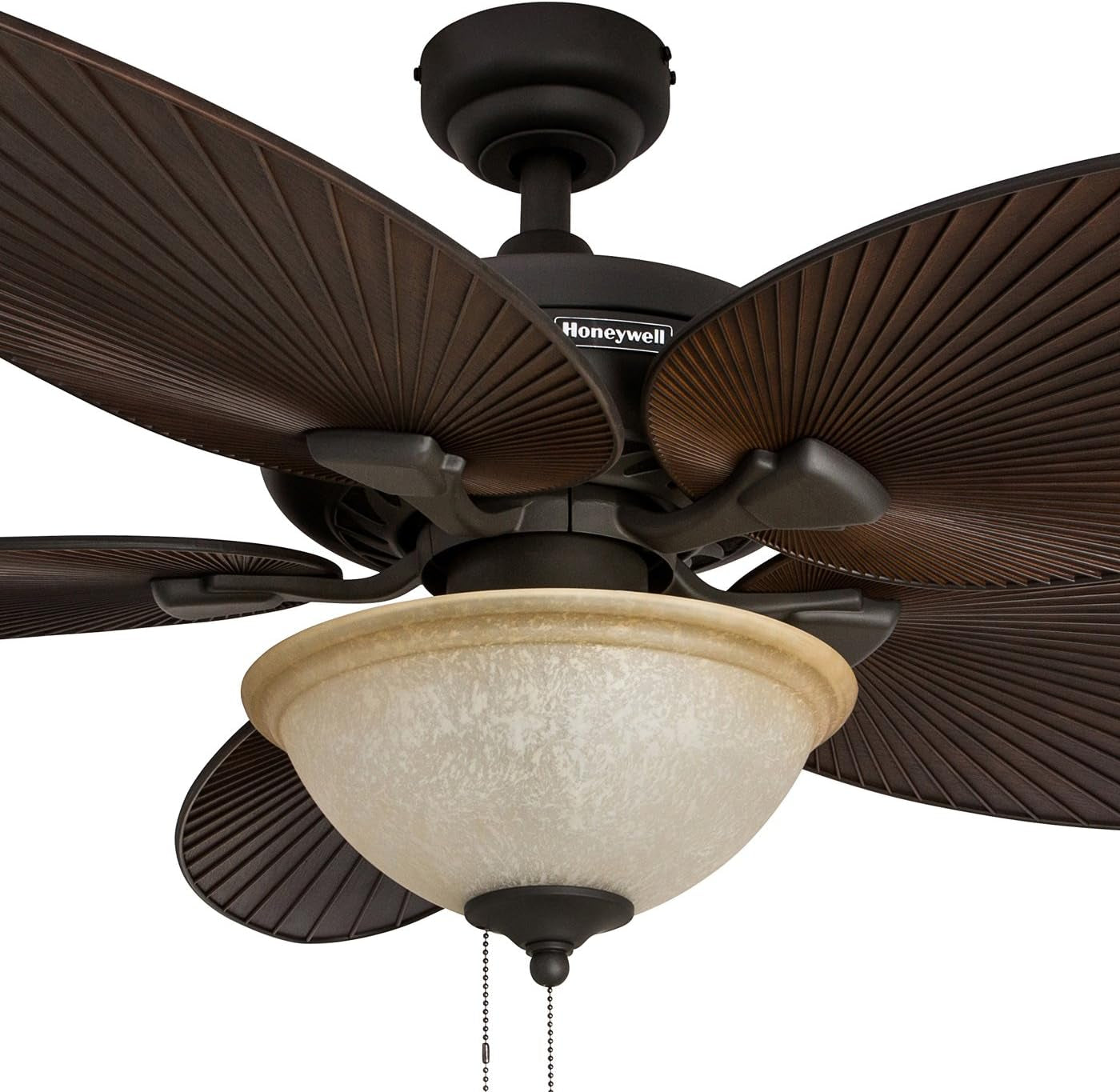Ceiling Fans Palm Island 52 Inch Ceiling Fan with Light, Indoor/Outdoor Ceiling Fan with Pull Chain, Tropical LED Dual-Mount 5 Palm Leaf Blade Design, ETL Damp Rated, Bronze (50202-01)