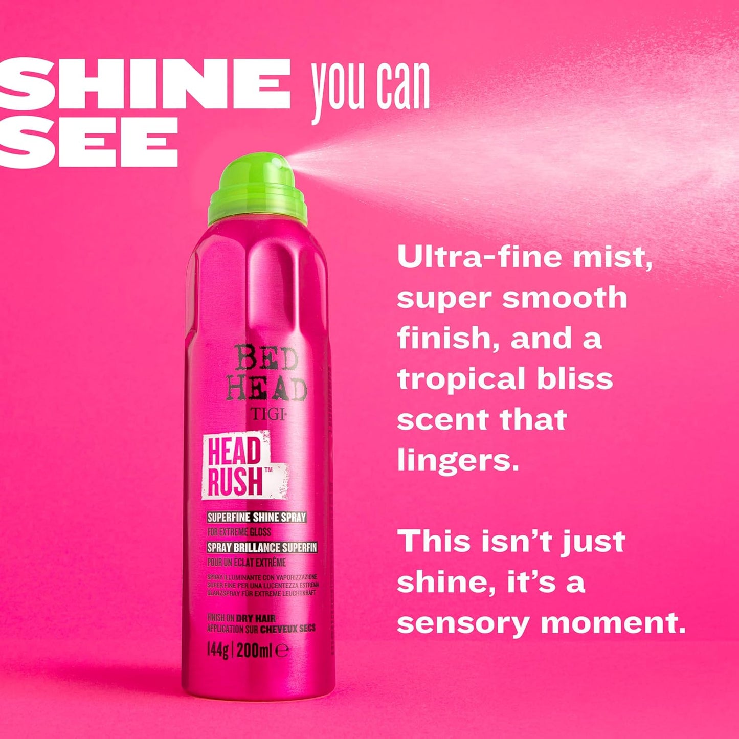 Bed Head by Headrush Shine Spray – Lightweight Shine Spray for Smooth, Glossy Hair – 200 Ml