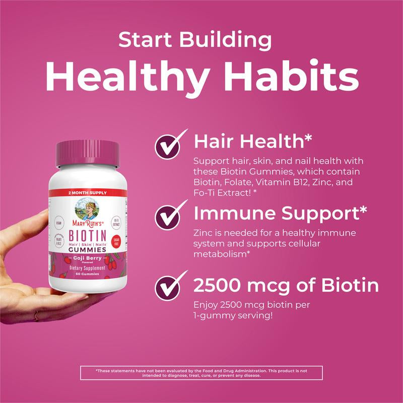 Maryruth'S Biotin Gummies - Sugar Free - 2 Month Supply - Nutrients for Hair Skin & Nails - Biotin 2500Mcg - Zinc - B Vitamins - Vegan - 60 Count