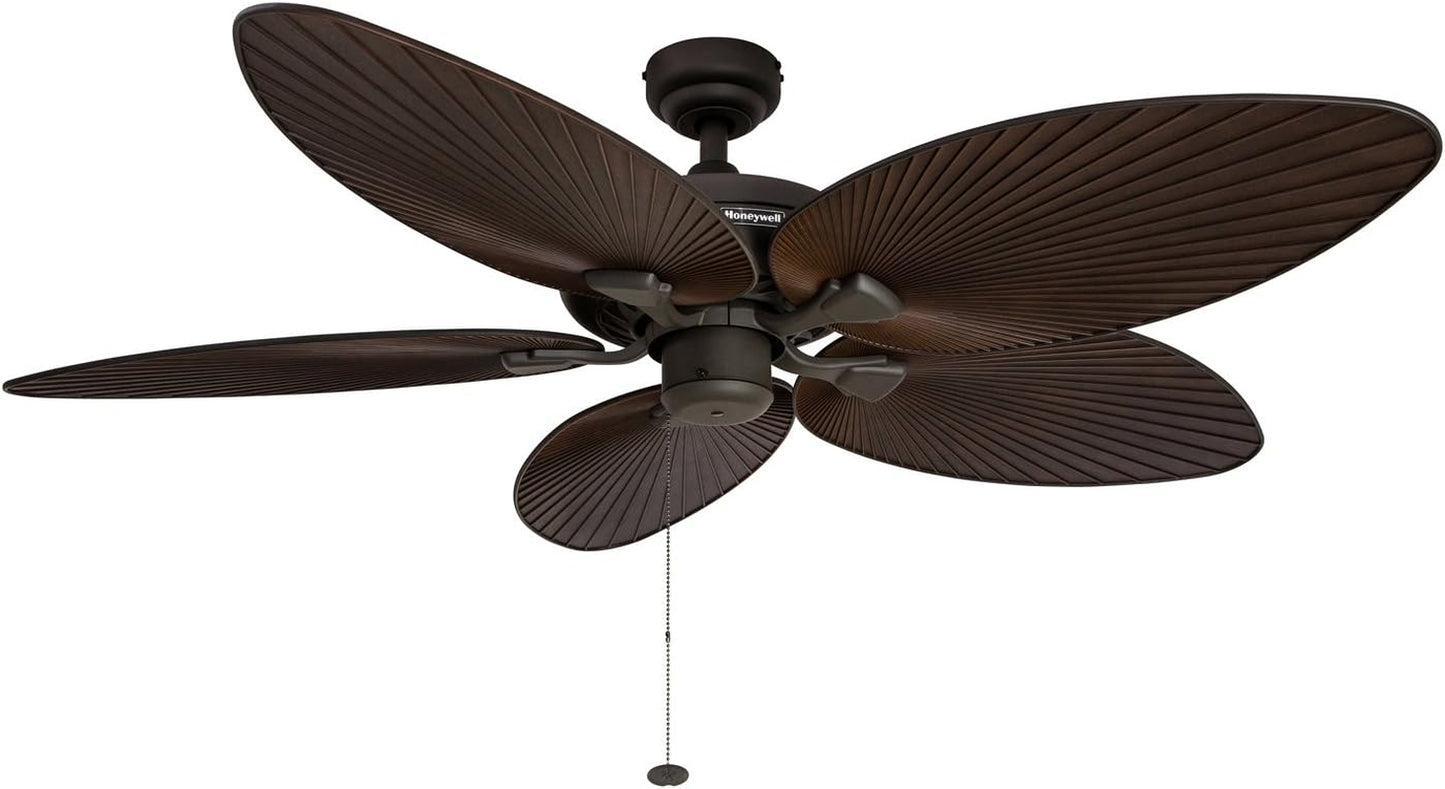 Ceiling Fans Palm Island 52 Inch Ceiling Fan with Light, Indoor/Outdoor Ceiling Fan with Pull Chain, Tropical LED Dual-Mount 5 Palm Leaf Blade Design, ETL Damp Rated, Bronze (50202-01)