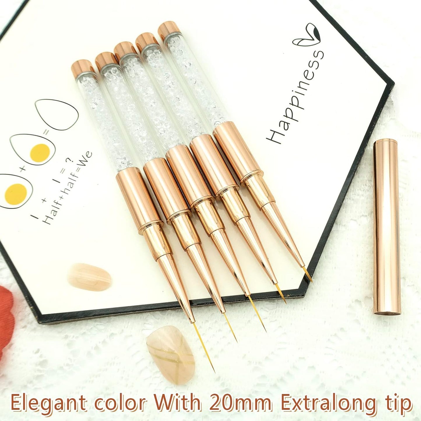 5PCS Nail Art Liner Brushes Long Set with Lid and Diamand Handle 7/9/11/15/20Mm, Fine Detail Painting Cap Pens Kit Thin Acrylic Line Brush Tools for DIY Professional Design Rose Gold