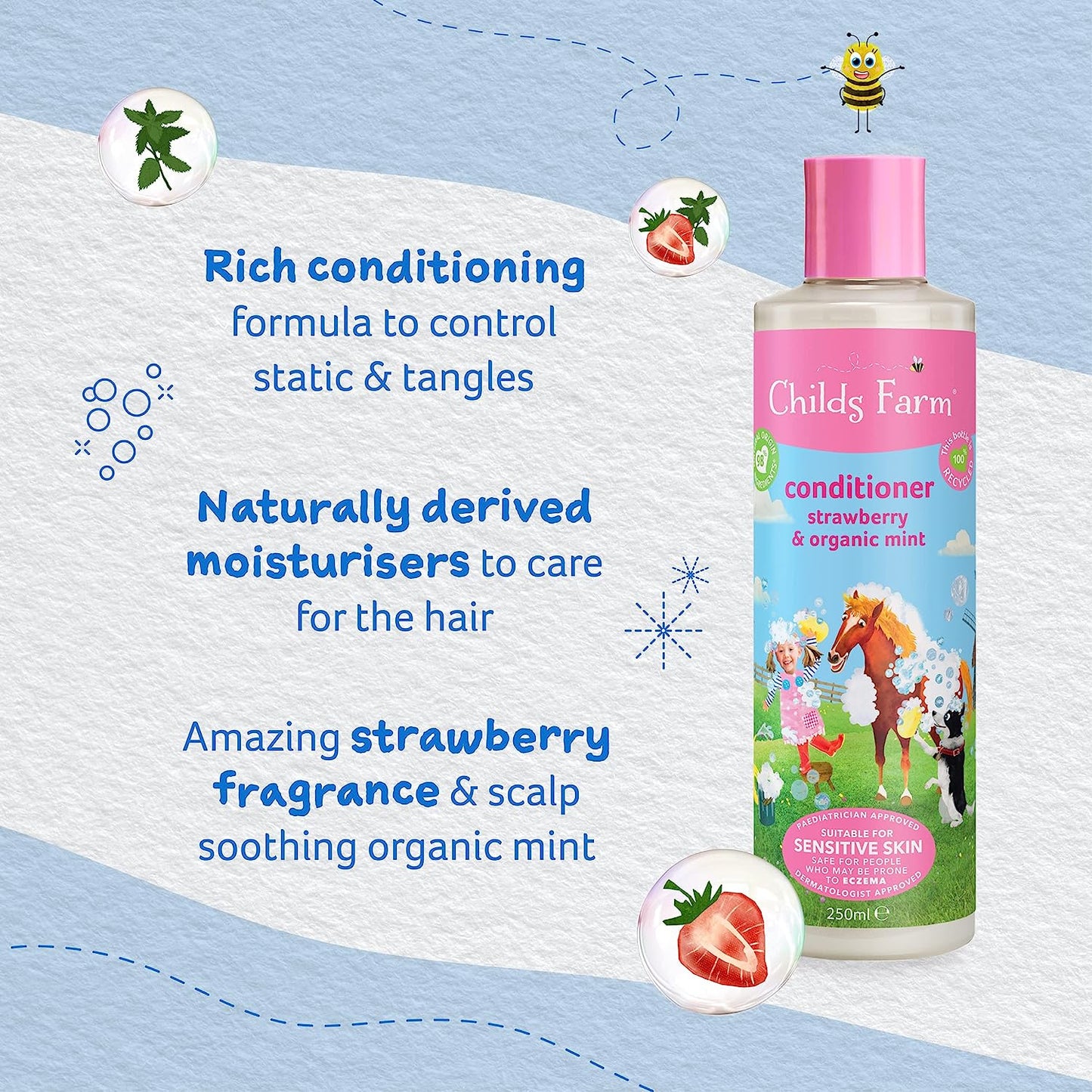 | Kids Conditioner 250Ml | Strawberry & Organic Mint | All Hair Types | Conditions & Nourishes | Suitable for Dry, Sensitive & Eczema-Prone Skin & Scalp