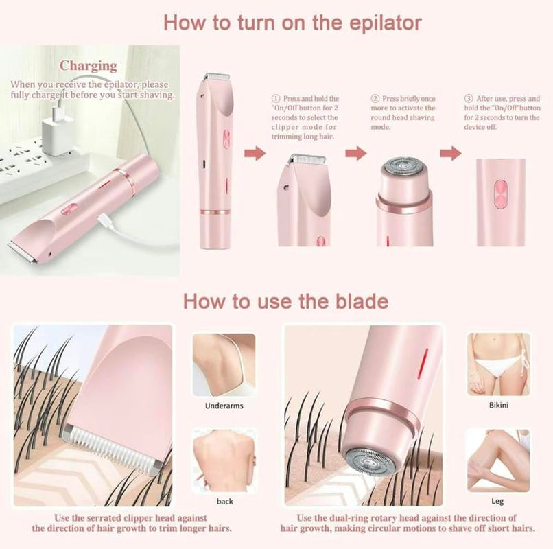 Electric Bikini Trimmer for Women, Rechargeable 2 in 1 Body & Facial Hair Removal, Waterproof Wet & Dry Use Trimmer for Women, Winter & New Year Gift, Valentine'S Day Gift