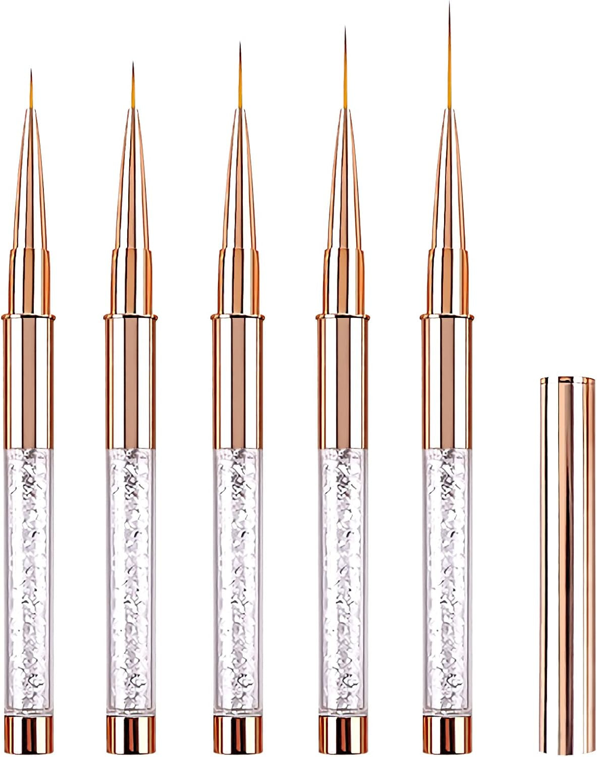 5PCS Nail Art Liner Brushes Long Set with Lid and Diamand Handle 7/9/11/15/20Mm, Fine Detail Painting Cap Pens Kit Thin Acrylic Line Brush Tools for DIY Professional Design Rose Gold