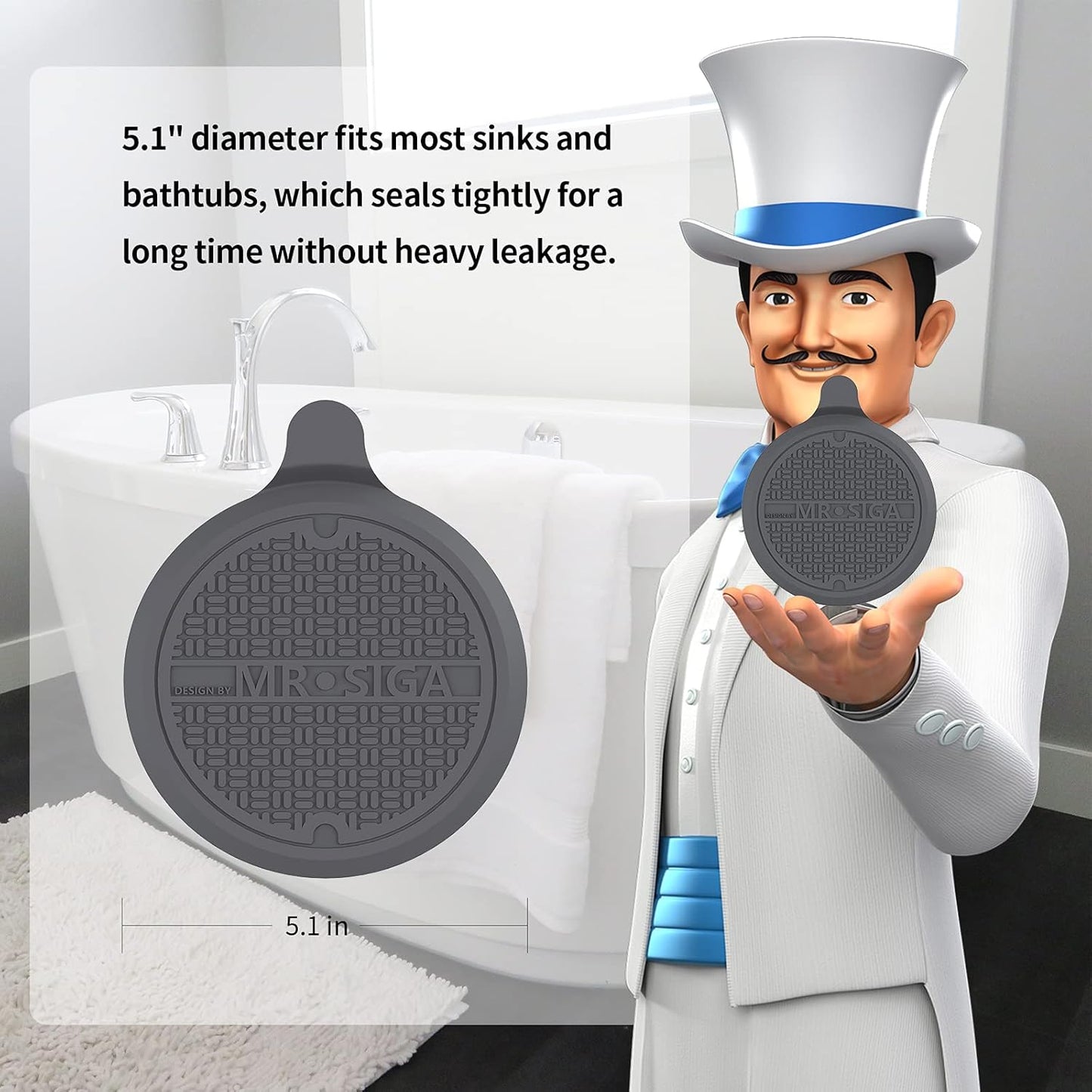 Silicone Bathtub Stopper, Drain Stopper for Shower, Sink, 5.1" Diameter, Grey, 3 Pack