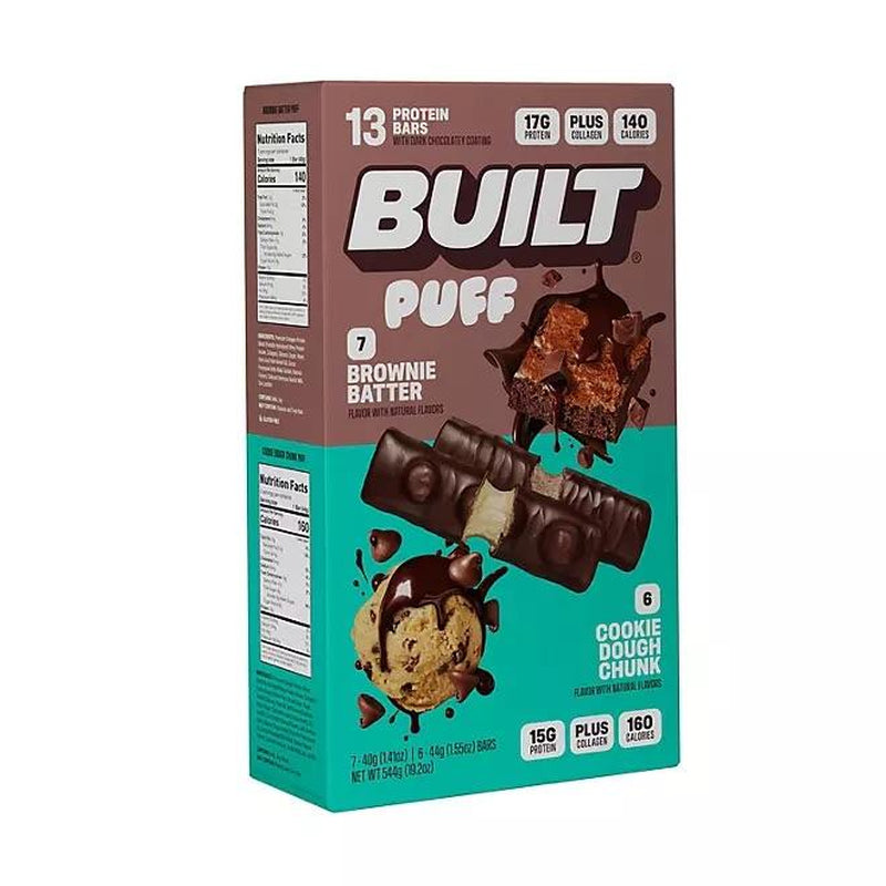 Built Puff, Protein Energy Bar Collagen Mixed Box,Brownie Batter, Cookie Dough Flavors Snack Chunky, Protein Brownie Snacks Built Protein Puff Built