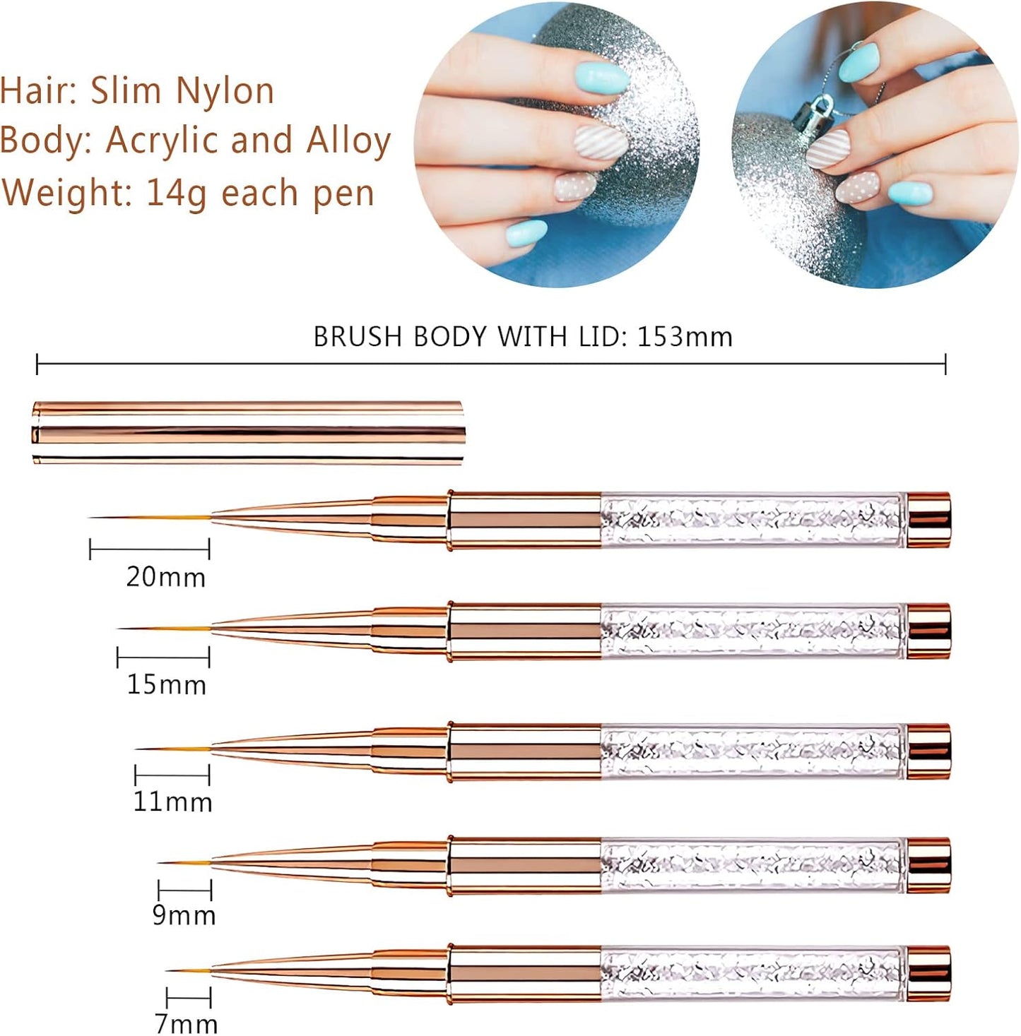 5PCS Nail Art Liner Brushes Long Set with Lid and Diamand Handle 7/9/11/15/20Mm, Fine Detail Painting Cap Pens Kit Thin Acrylic Line Brush Tools for DIY Professional Design Rose Gold