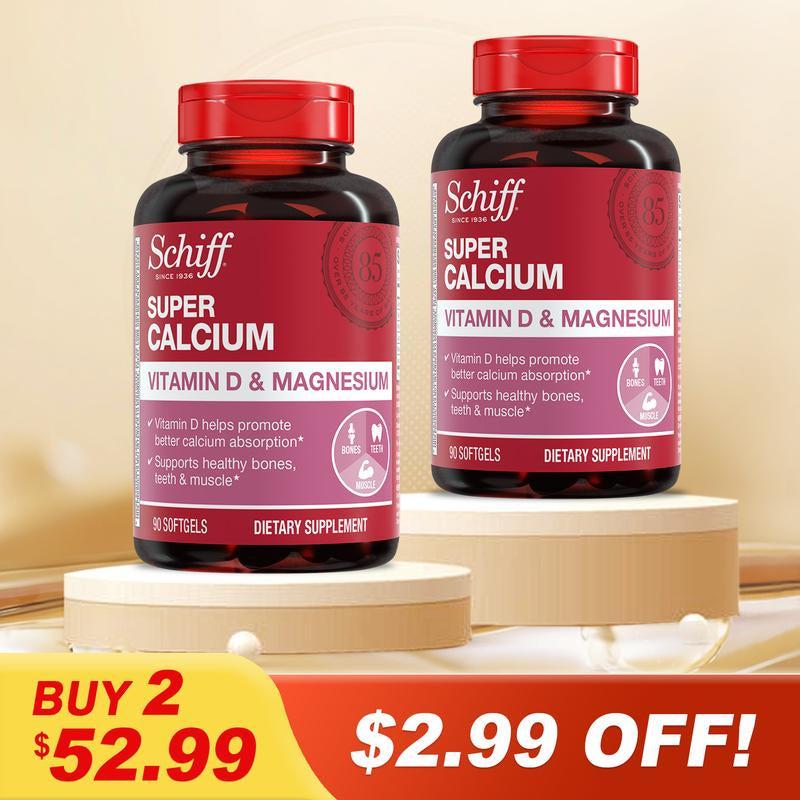 Schiff Super Calcium 800Mg plus Magnesium with Vitamin D3, 90 Softgels - Calcium Supplement (Pack of 2) Healthcare Dietary Fitness Edible