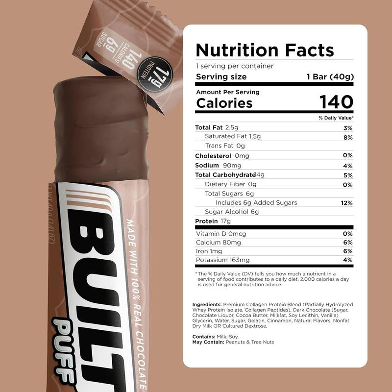 Built Puff, Protein Energy Bar Collagen Mixed Box,Brownie Batter, Cookie Dough Flavors Snack Chunky, Protein Brownie Snacks Built Protein Puff Built