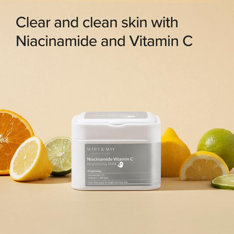 [Mary&May] Niacinamide Vitamin C Brightening Mask (30 Sheets, 400G) Korean Face Mask Sheet for Daily Hydration & Skin Brightening, Radiant Complexion