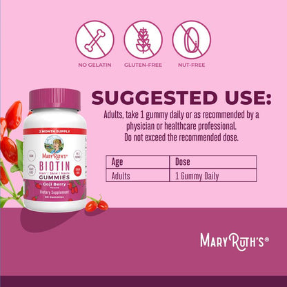 Maryruth'S Biotin Gummies - Sugar Free - 2 Month Supply - Nutrients for Hair Skin & Nails - Biotin 2500Mcg - Zinc - B Vitamins - Vegan - 60 Count