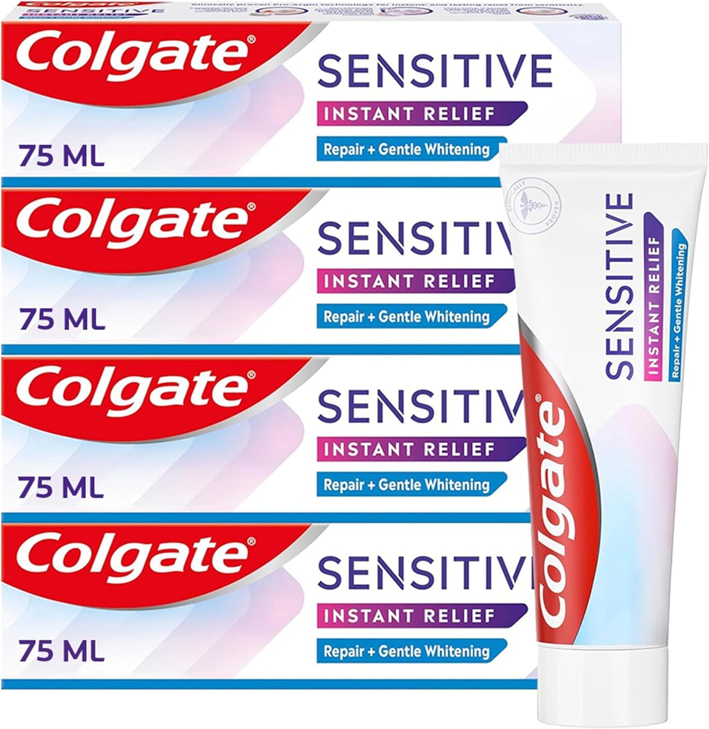 Sensitive Instant Relief Repair + Gentle Whitening Toothpaste | Instant* and Long-Lasting** Sensitivity Relief | Protective Layer with Calcium** | Fluoride Toothpaste | 4 Pack, 75Ml Tubes