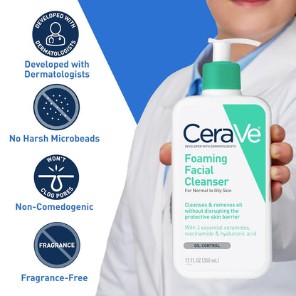 Foaming Facial Cleanser, Daily Face Wash for Oily Skin with Hyaluronic Acid, Ceramides, and Niacinamide, Fragrance Free, 16 Fluid Ounce
