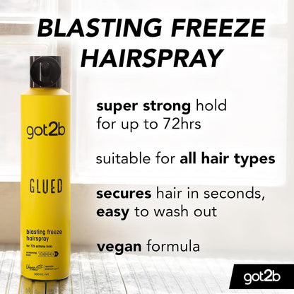 Glued Hairspray, Blasting Freeze Spray, Strong Hold Hairspray for up to 72 Hours, Vegan, Silicone Free, 300 Ml