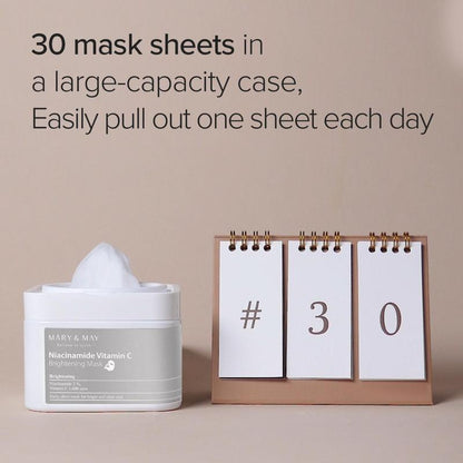 [Mary&May] Niacinamide Vitamin C Brightening Mask (30 Sheets, 400G) Korean Face Mask Sheet for Daily Hydration & Skin Brightening, Radiant Complexion