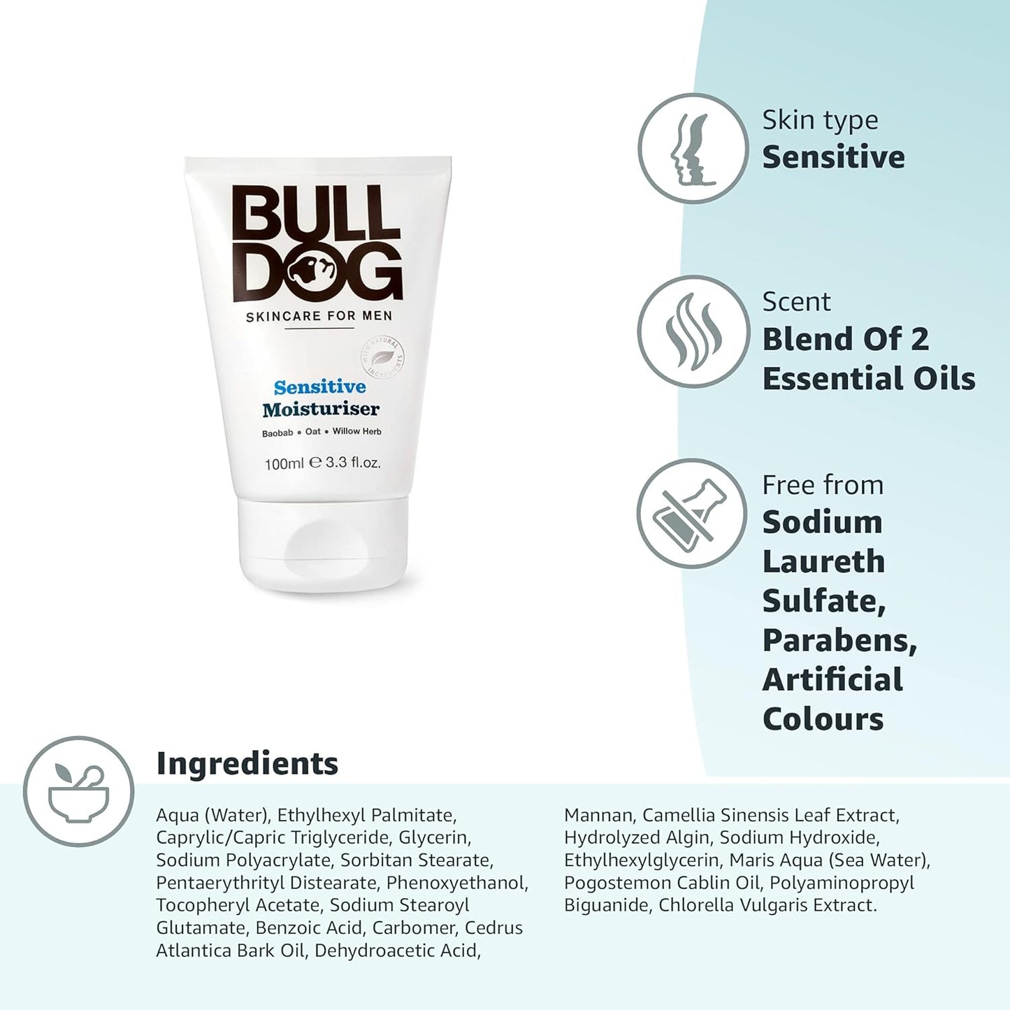 Skincare Sensitive Face Moisturiser for Men, Fragrance Free, Specially Formulated for Sensitive Skin, Provides 24-Hour Hydration, 100Ml