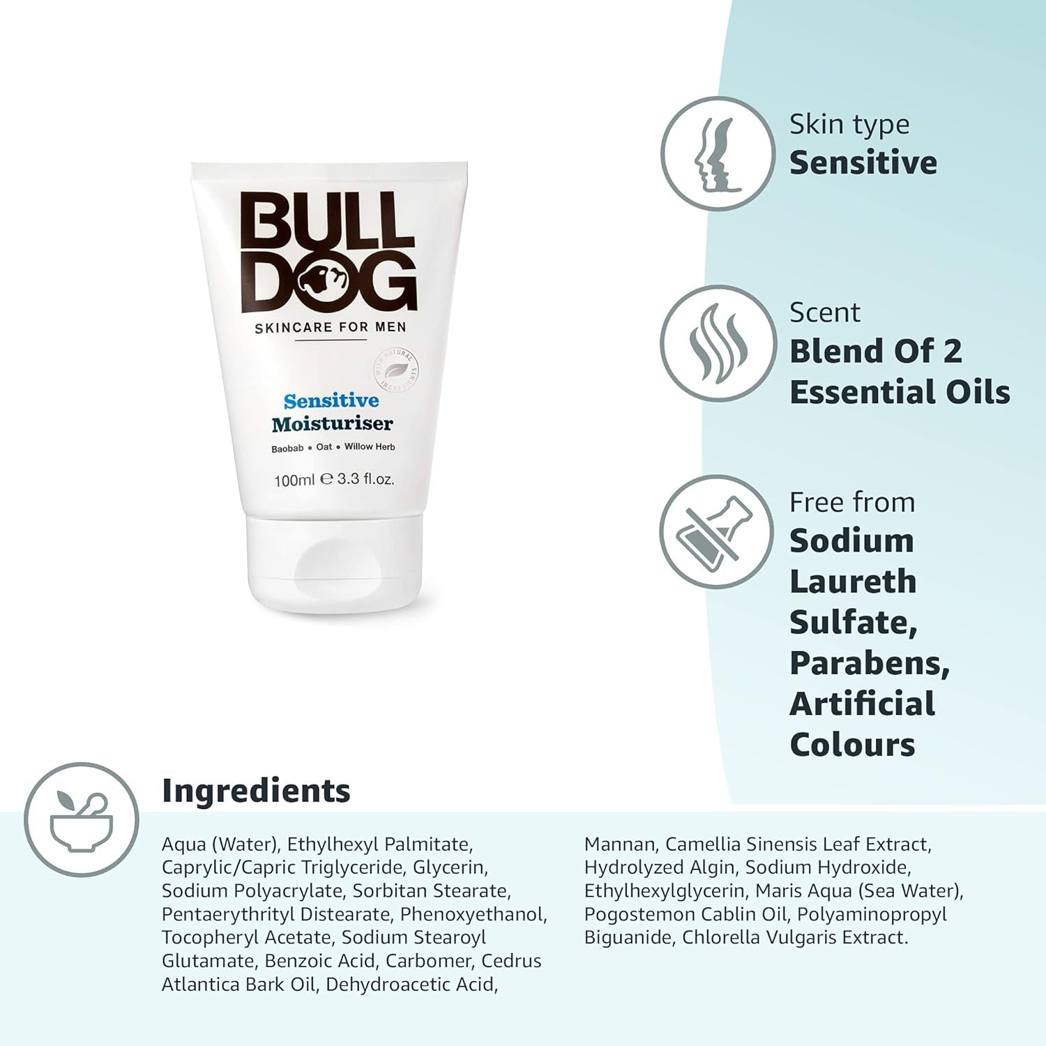 Skincare Sensitive Face Moisturiser for Men, Fragrance Free, Specially Formulated for Sensitive Skin, Provides 24-Hour Hydration, 100Ml