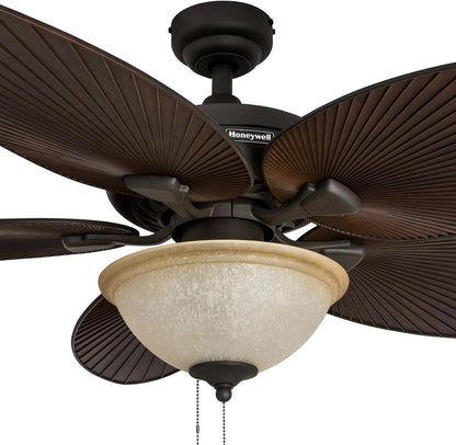 Ceiling Fans Palm Island 52 Inch Ceiling Fan with Light, Indoor/Outdoor Ceiling Fan with Pull Chain, Tropical LED Dual-Mount 5 Palm Leaf Blade Design, ETL Damp Rated, Bronze (50202-01)