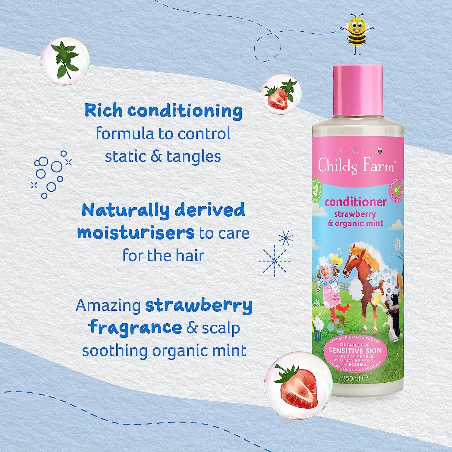 | Kids Conditioner 250Ml | Strawberry & Organic Mint | All Hair Types | Conditions & Nourishes | Suitable for Dry, Sensitive & Eczema-Prone Skin & Scalp