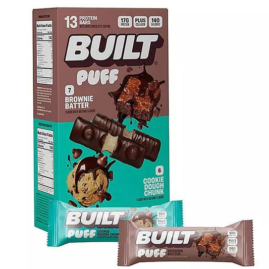 Built Puff, Protein Energy Bar Collagen Mixed Box,Brownie Batter, Cookie Dough Flavors Snack Chunky, Protein Brownie Snacks Built Protein Puff Built