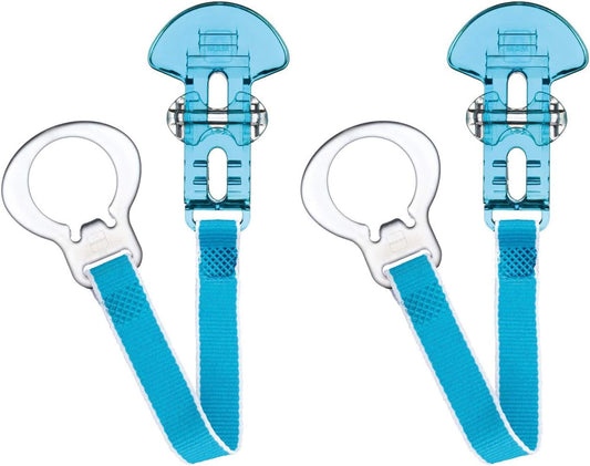 Soother Clips, 2 Count (Pack of 1), Baby Soother Chain Fits All  Soothers, Newborn Essentials, White with Blue Strap (Soothers Not Included)