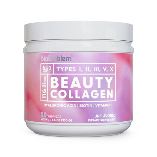 Bioemblem Beauty Collagen Powder | 5 Types of Collagen + Hyaluronic Acid, Vitamin C & Biotin | Glowing Skin, Hair Growth & Joint Support