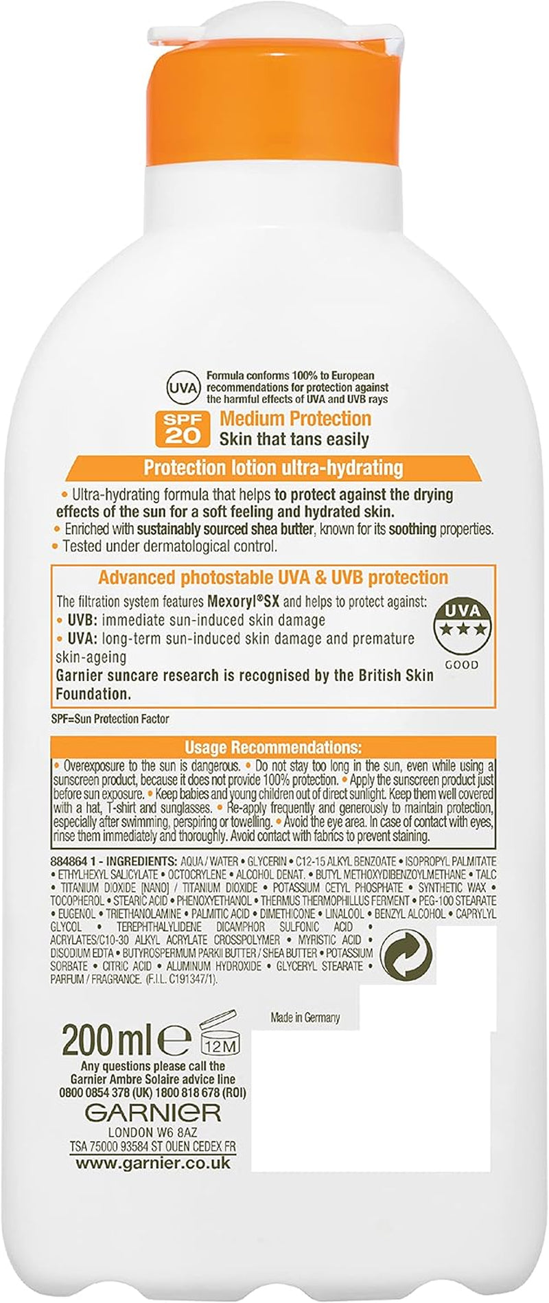 Garnier  Ultra-Hydrating Shea Butter Sun Protection Cream SPF20, Hydrating Medium Sun Protection Lotion SPF20 200 Ml (Pack of 2)