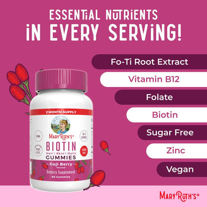 Maryruth'S Biotin Gummies - Sugar Free - 2 Month Supply - Nutrients for Hair Skin & Nails - Biotin 2500Mcg - Zinc - B Vitamins - Vegan - 60 Count