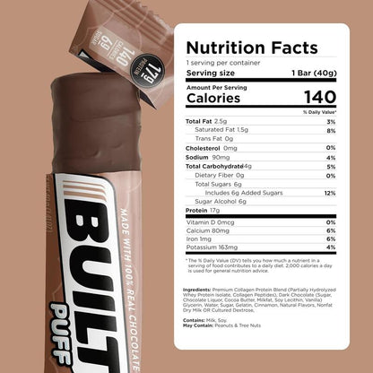 Built Puff, Protein Energy Bar Collagen Mixed Box,Brownie Batter, Cookie Dough Flavors Snack Chunky, Protein Brownie Snacks Built Protein Puff Built